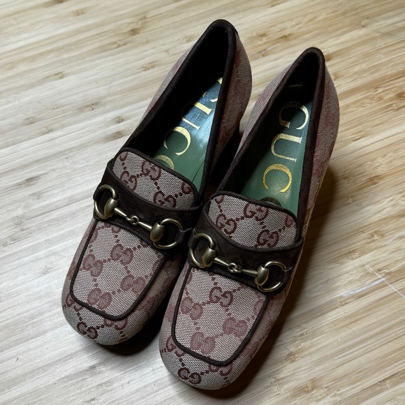 🤎GUCCI🤎GG Monogram Suede Houdan Mid Heel Platform Loafers - Picture 3 of 9